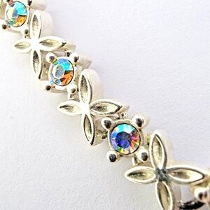 Tennis Bracelet Dazzling Silver Aurora Borealis Colors Floral Bracelet Vintage